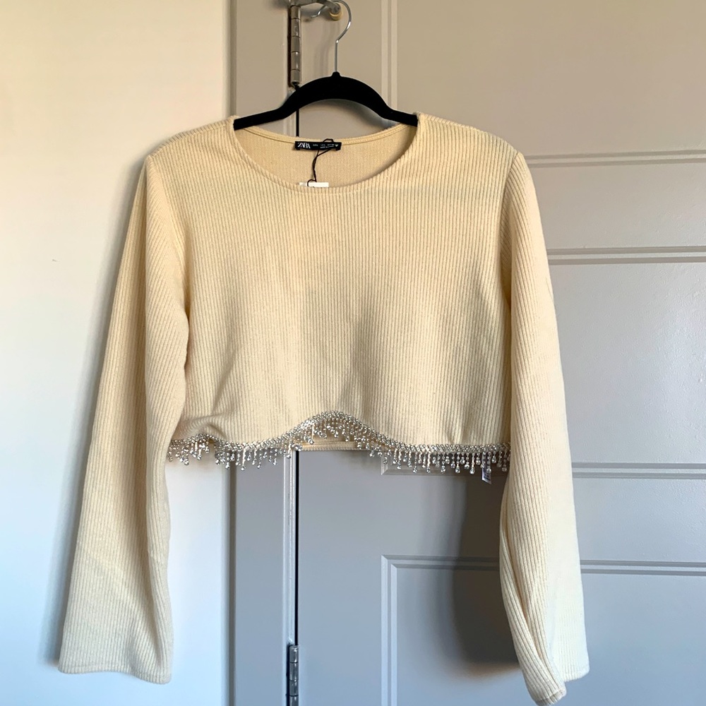 Zara Cream Cropped Sweater with Rhinestones Jewels Hem